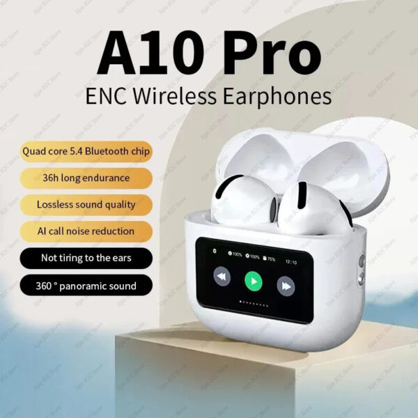 سماعات أذن لاسلكية A10 Pro ANC Bluetooth 5.3 مزودة بتقنية الغاء الضوضاء مقاومة للماء ومناسبة للرياضة والألعاب بشاشة تعمل باللمس لسهولة التحكم